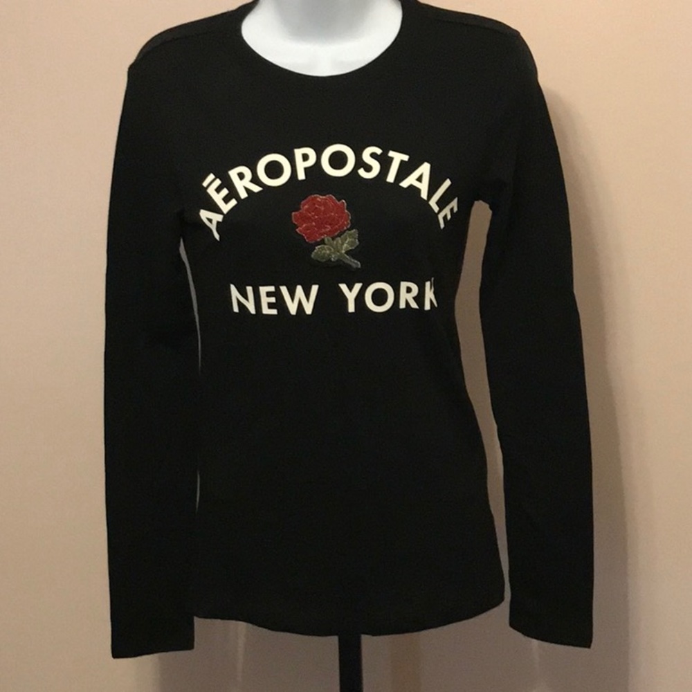 Aeropostale Lightweight Black Long Sleeve Tee with Rose Embellishment